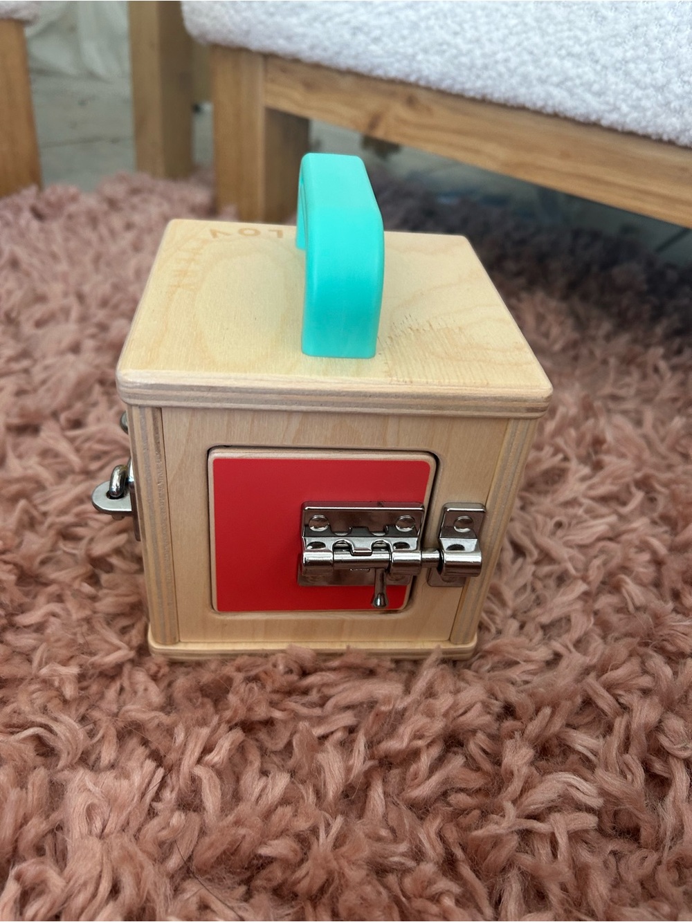 Lovevery Wooden Lock Box with Teal Handle and Orange Door - - Picture 3 of 5